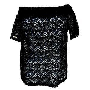 Ultra Flirt Black Lace Semi Sheer Peasant Blouse Off Shoulder Short Sleeve M NEW